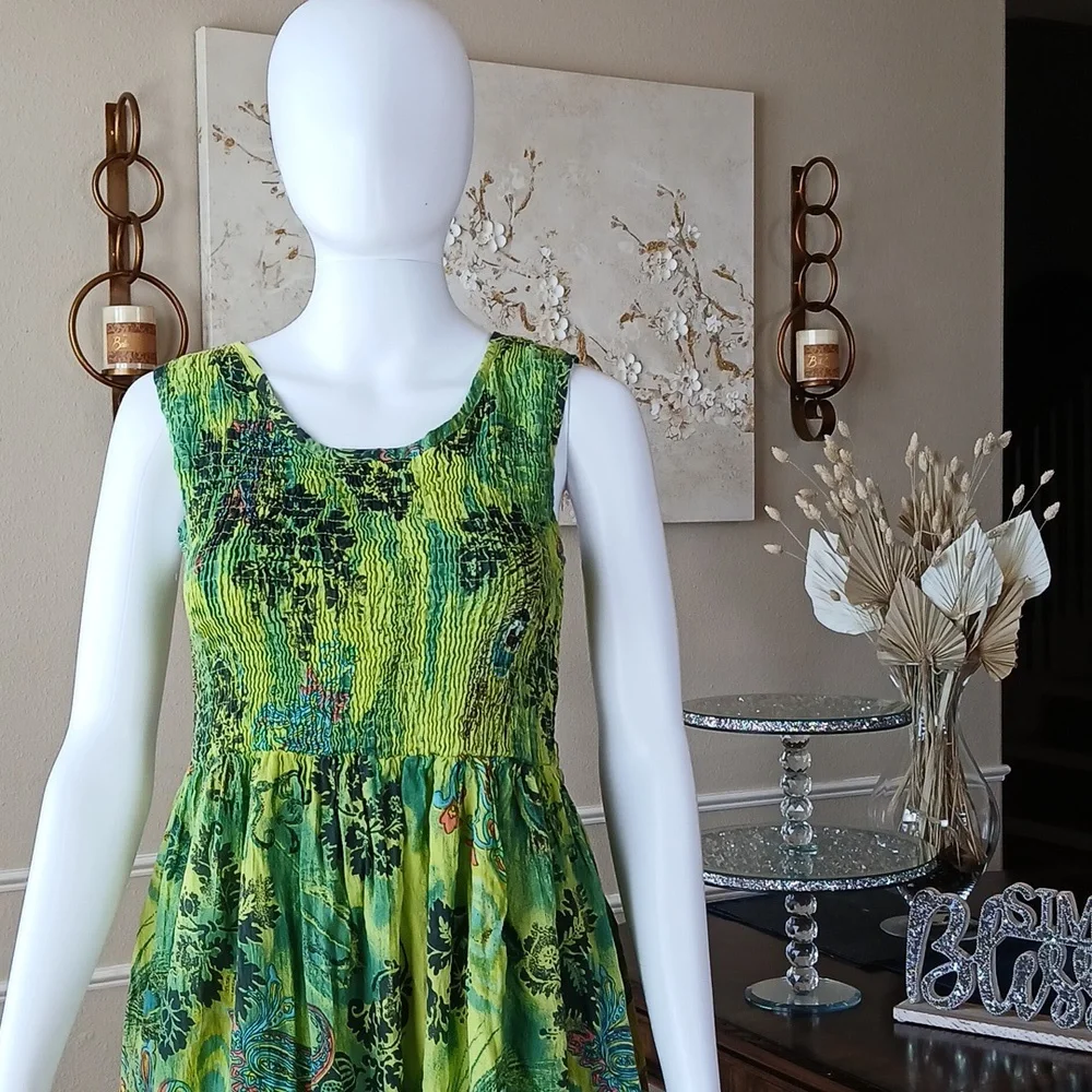 Women's Green Tropical Print Sleeveless Cotton Summer Dress By Hanna Small